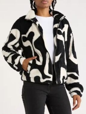 Thread & Supply Black & White Abstract Faux Shearling Jacket Size L